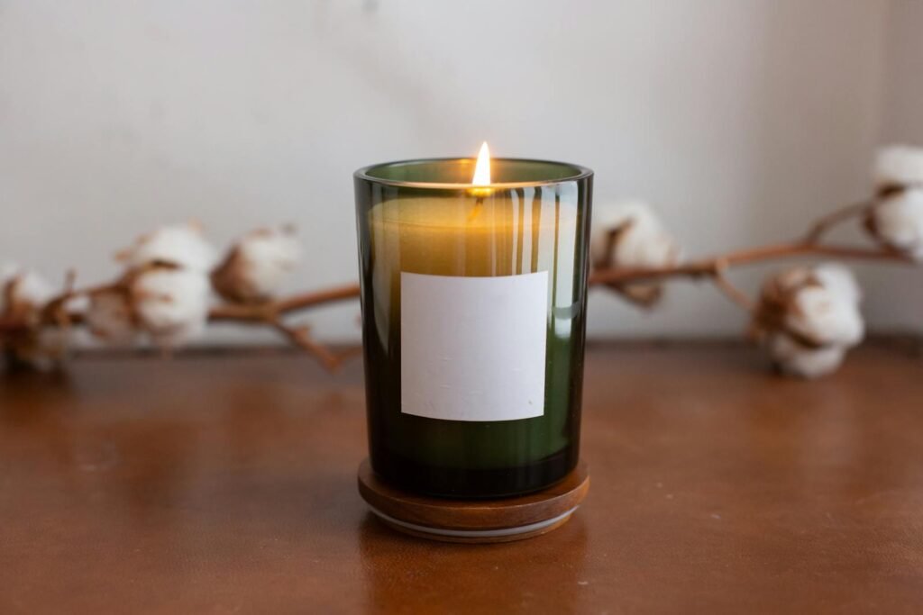 A lit candle in a green glass jar with a blank label, set against a cozy cotton branch backdrop.