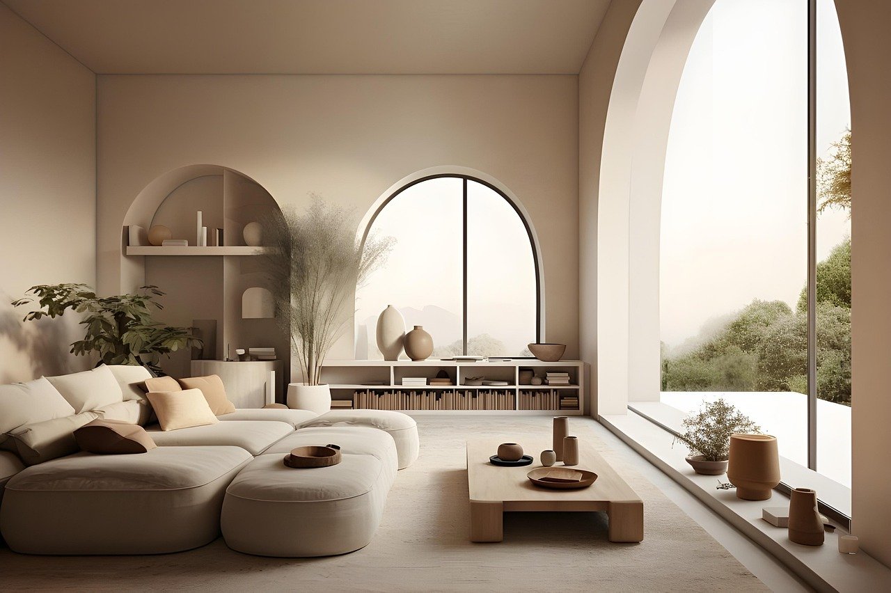 ai generated, japandi, living room, interior design, elegance, minimalist, japanese, scandinavian, zen, architecture, modern, aesthetic, sofa, couch, furniture