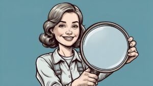 ai generated, woman, magnifying glass, hand, finger, thumb, glass, office, enlarge, lens, spy, detective, cartoon, magnification, examination, analysis, determine, character