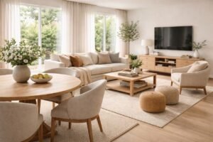 living room, modern design, minimalism, natural color furniture, sofa, television, neutral tone living room, armchairs, decorative elements, rugs, wooden furniture, carpet, natural light, houseplant, comfortable seating, decorative vases, table, pillows