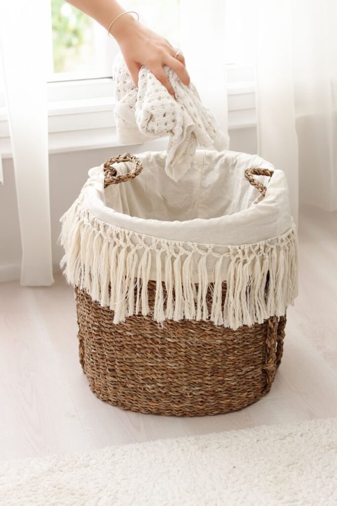 A cozy indoor scene showing a hand placing laundry into a wicker basket by a window.