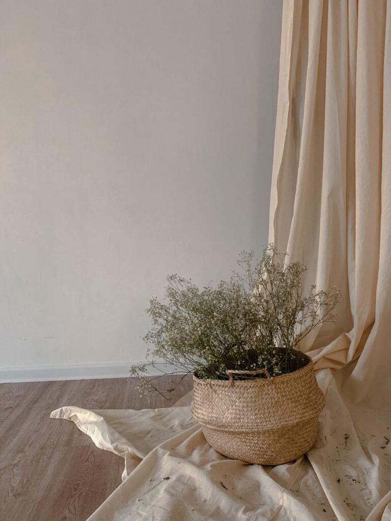 Stylish indoor decor featuring a woven basket with green plant in a minimalist setting.