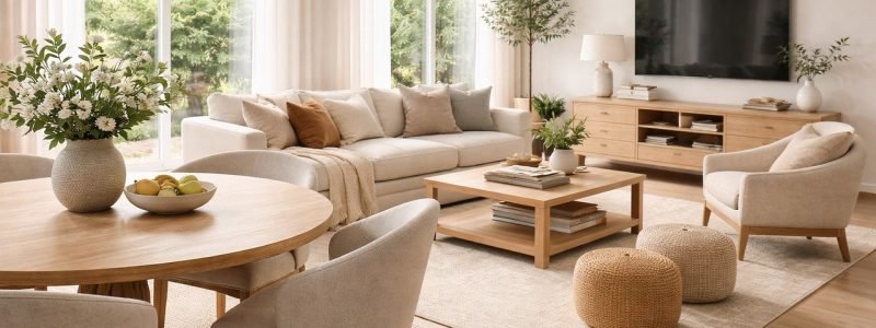 living room, modern design, minimalism, natural color furniture, sofa, television, neutral tone living room, armchairs, decorative elements, rugs, wooden furniture, carpet, natural light, houseplant, comfortable seating, decorative vases, table, pillows