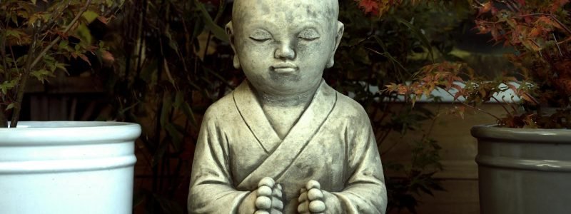 Zen Buddhist statue in tranquil garden with autumn leaves.