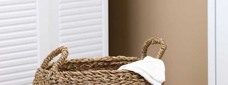 Woven laundry basket placed in a modern, minimalist interior setting, perfect for home organization.